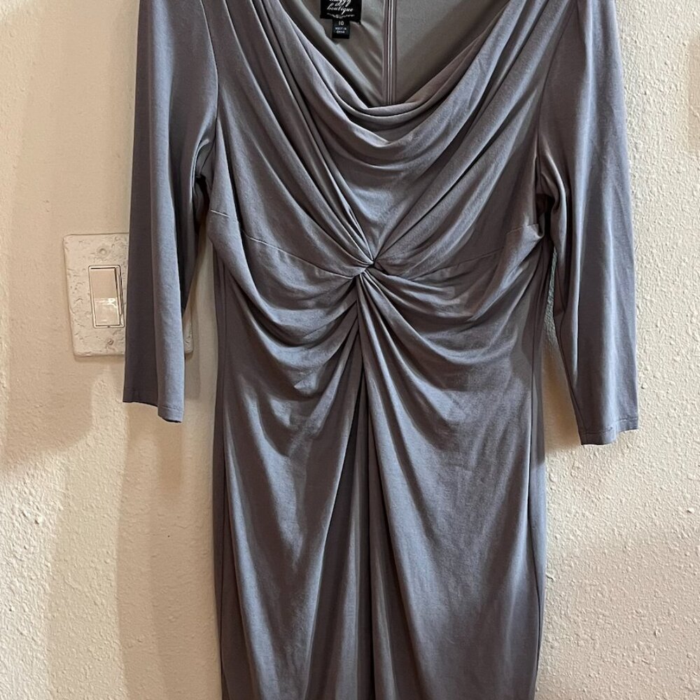 Suzi Chin for Maggy Boutique, Grey bodycon draped neck 3/4 sleeve dress, size 10